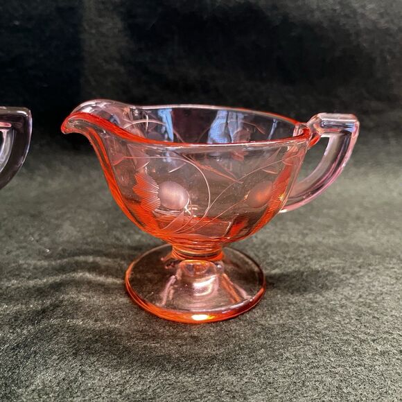 Pink Depression Glass Sugar Bowl and Creamer Set With Caddy Etched Flowers - Picture 4 of 12